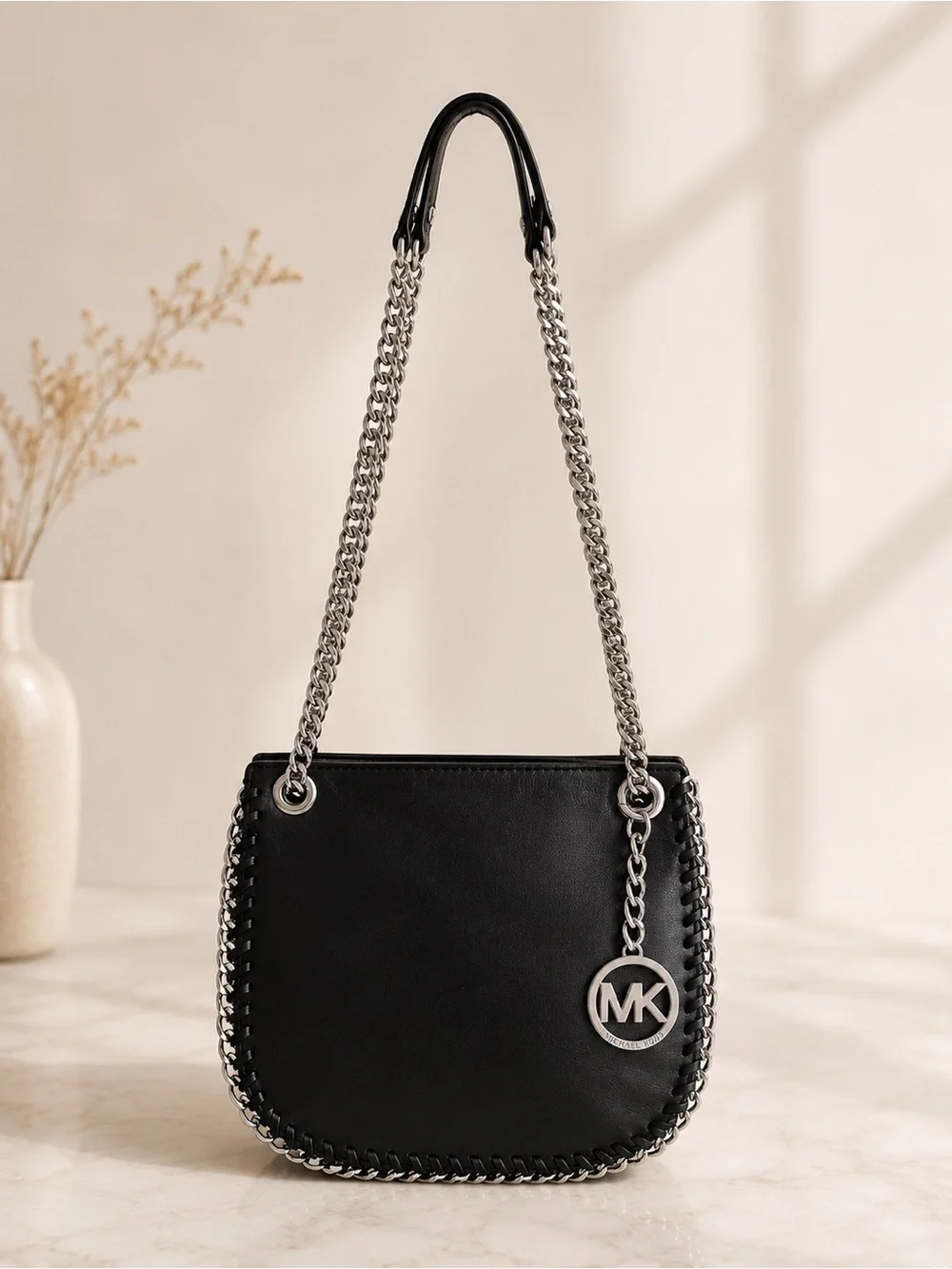 Michael Kors Black Leather Chain Shoulder Bag Silver Hardware